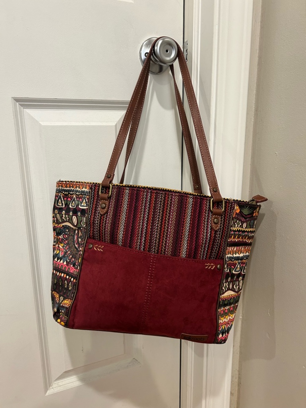 Sakroots Metro Tote Burgundy Faux Suede & Multicolor Pattern Shoulder Bag - Picture 2 of 16